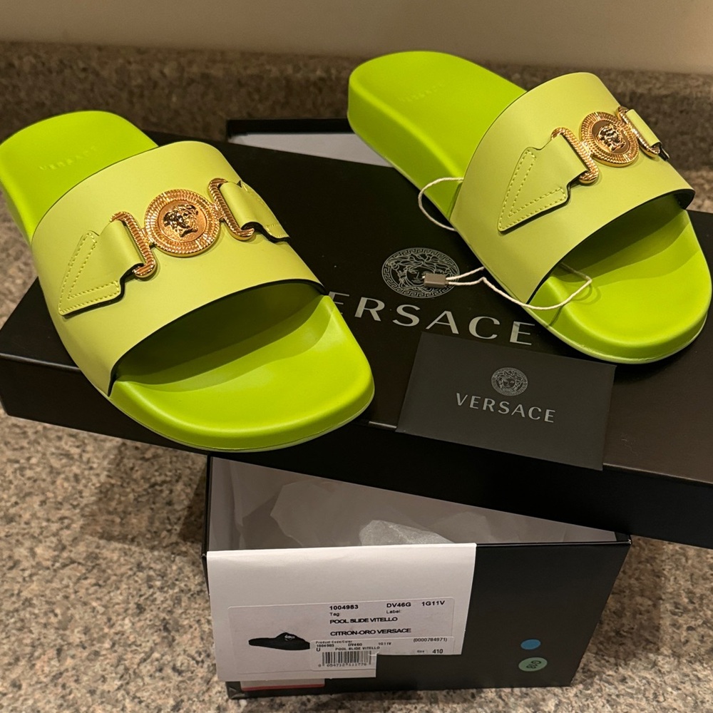 Versace Lime Green Vitello Pool Slides with Gold Medusa Accent EU41/US8